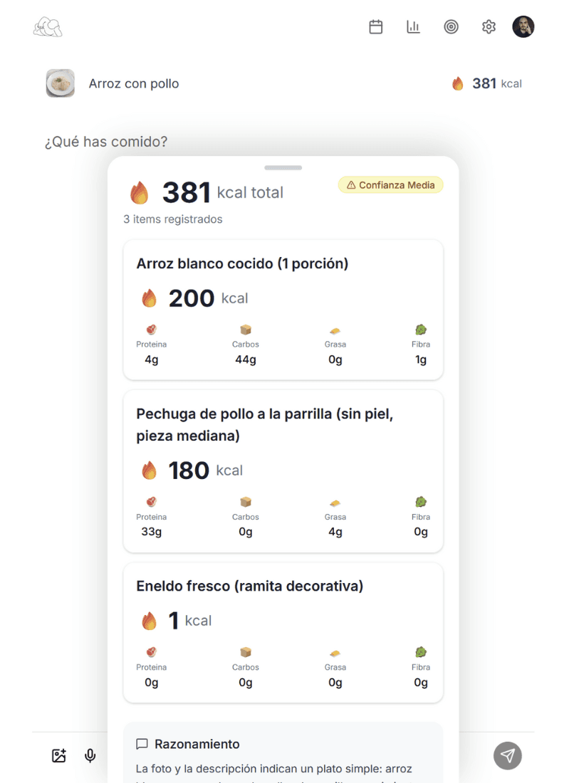 Registro de comidas con desglose de calorías